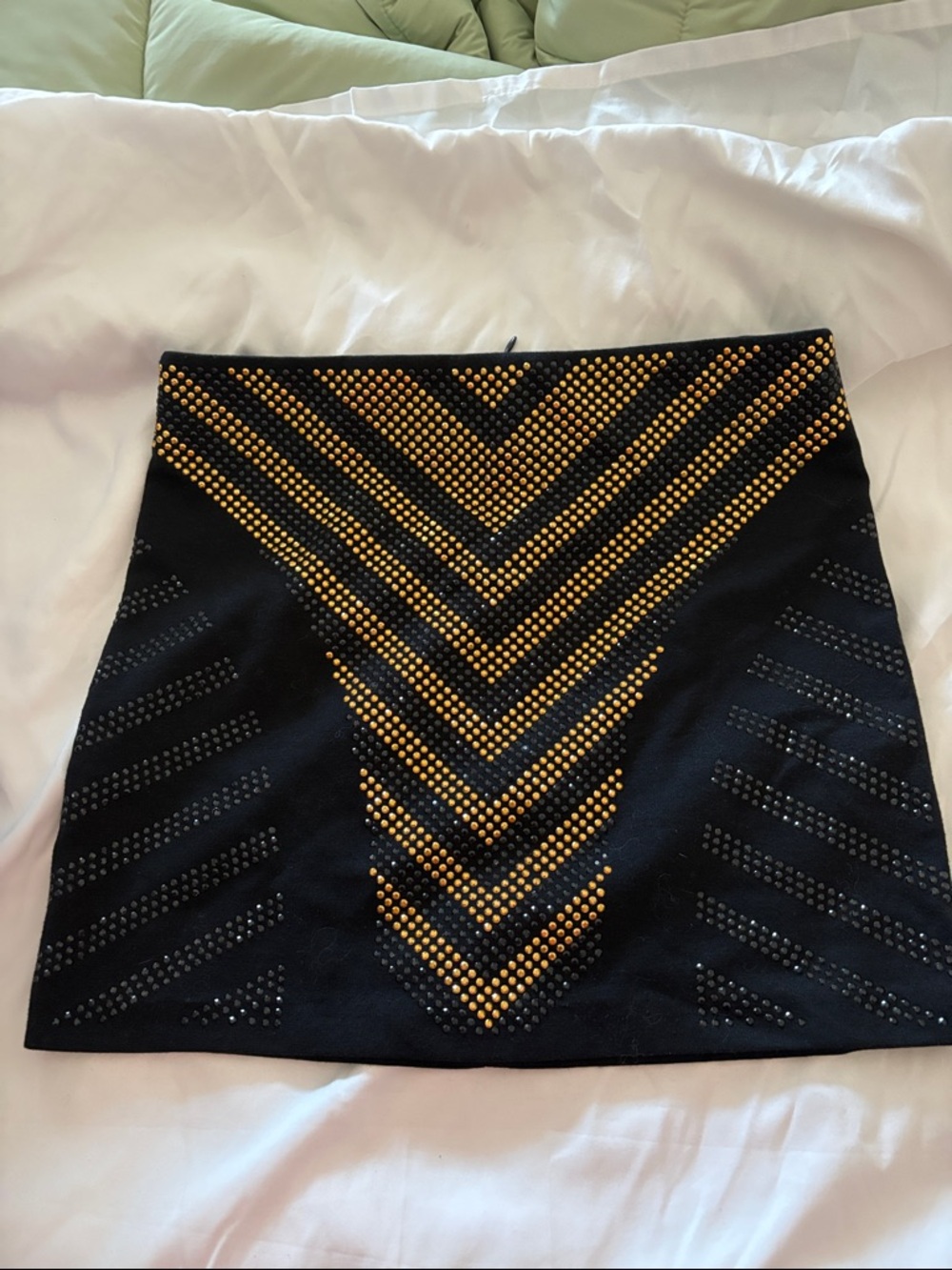 Foreign Exchange Black Mini Skirt with Gold Stud Chevron Pattern